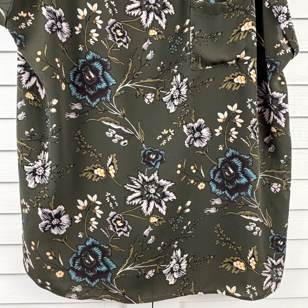 Loft Blouse Women XXL Olive Green Floral Short Sleeve Pocket Keyhole Back - Picture 6 of 11